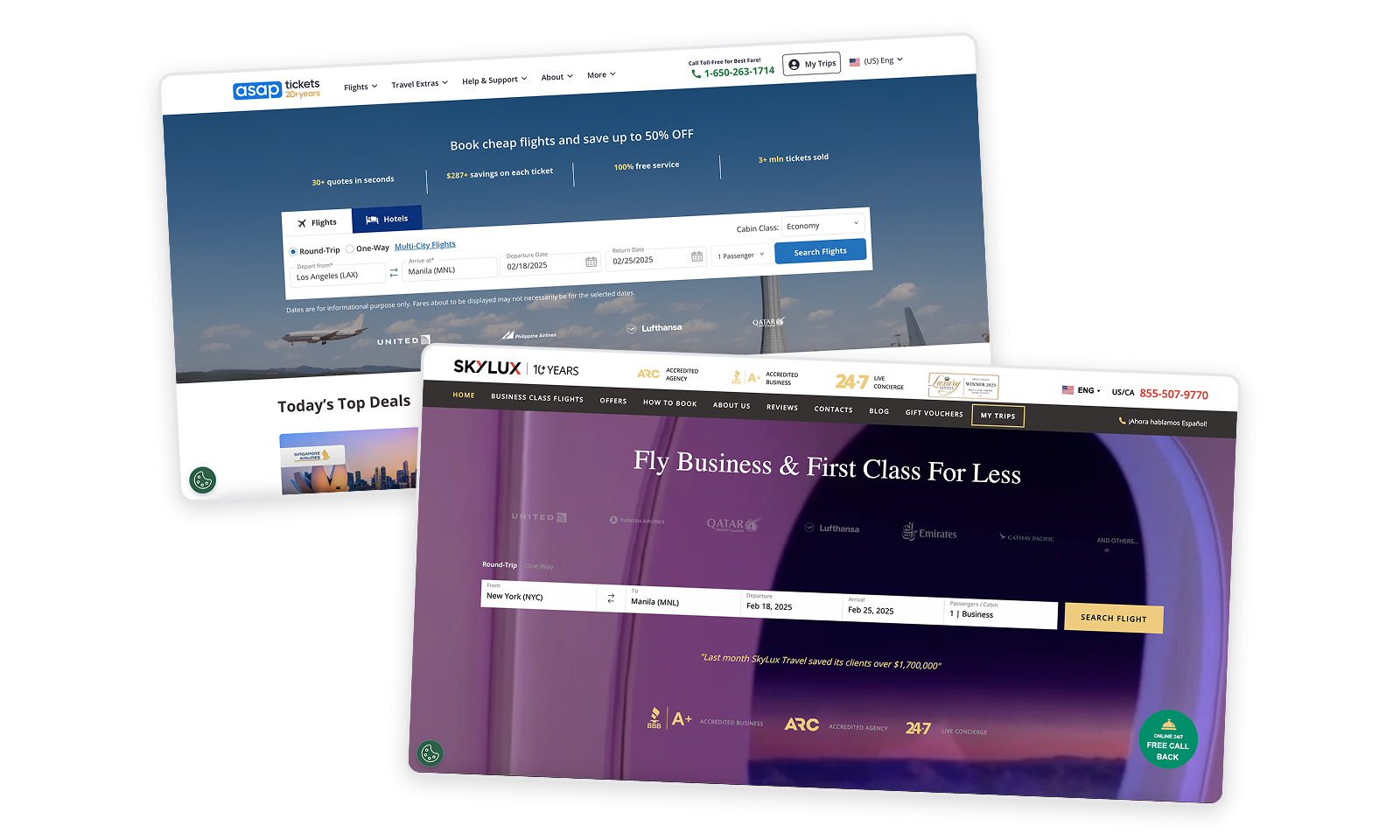 ASAPTickets and SkyluxTravel shown side by side as separate brands on shared product foundations