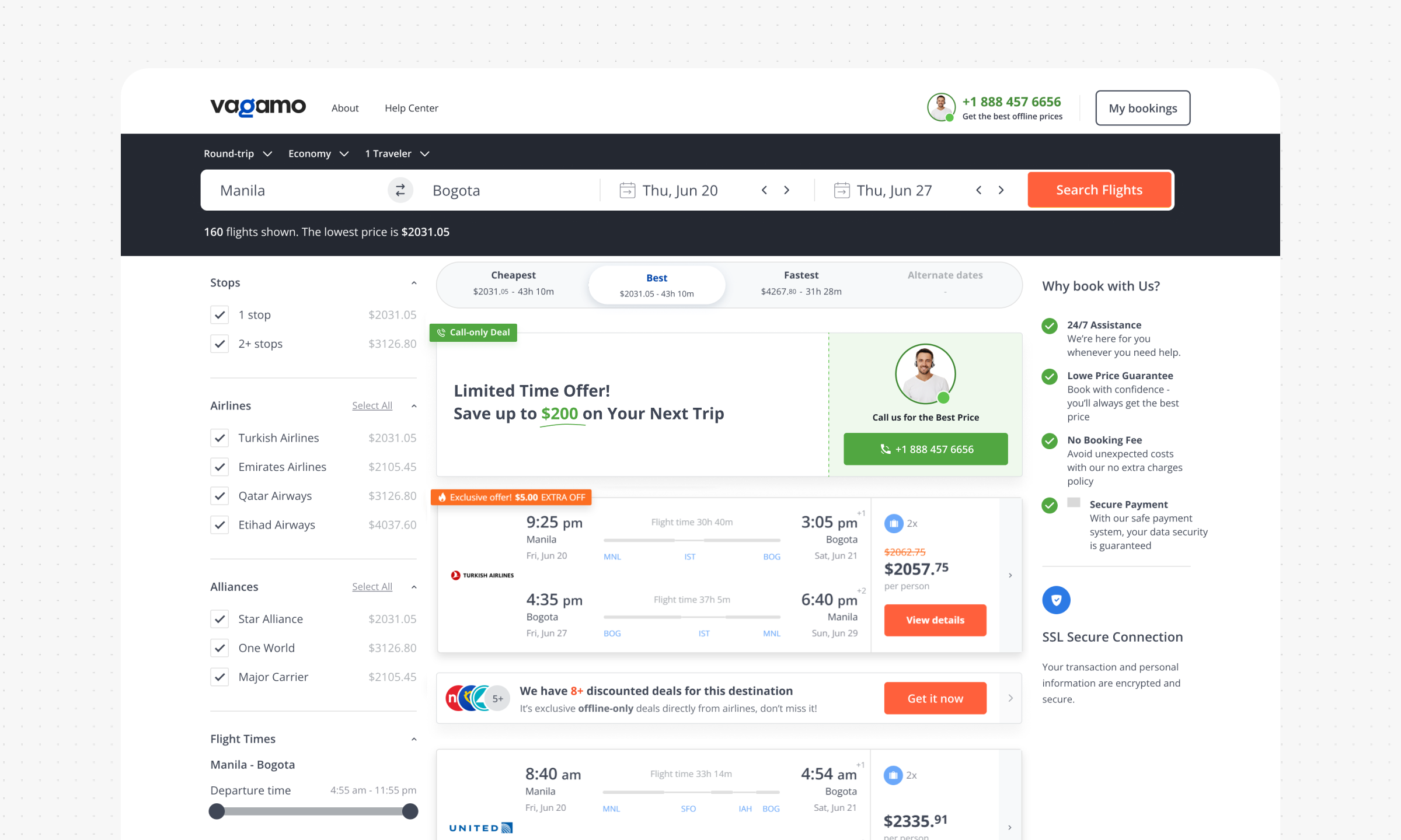 Results page with the Call to Book banner