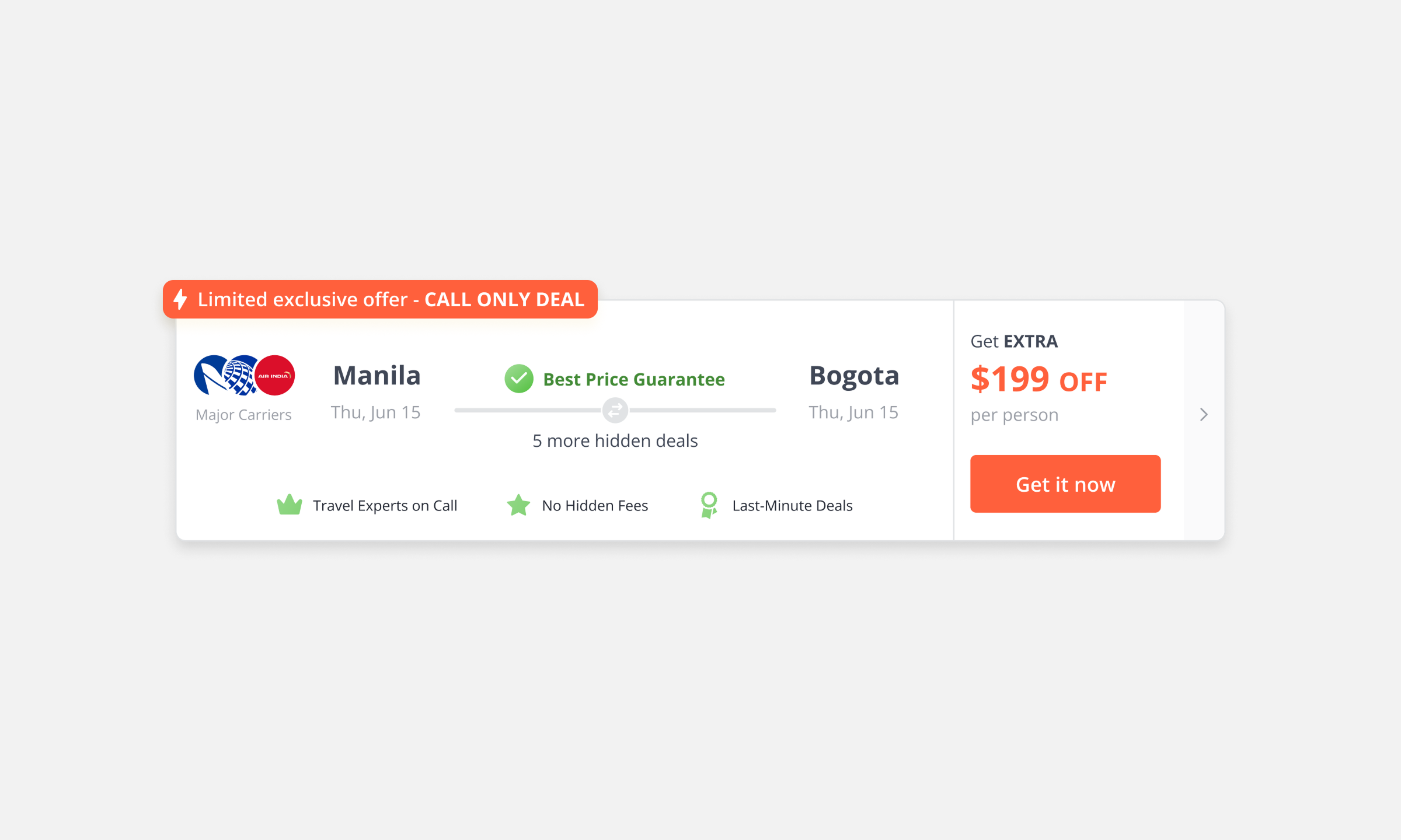 Call Only Deal styled as an itinerary card