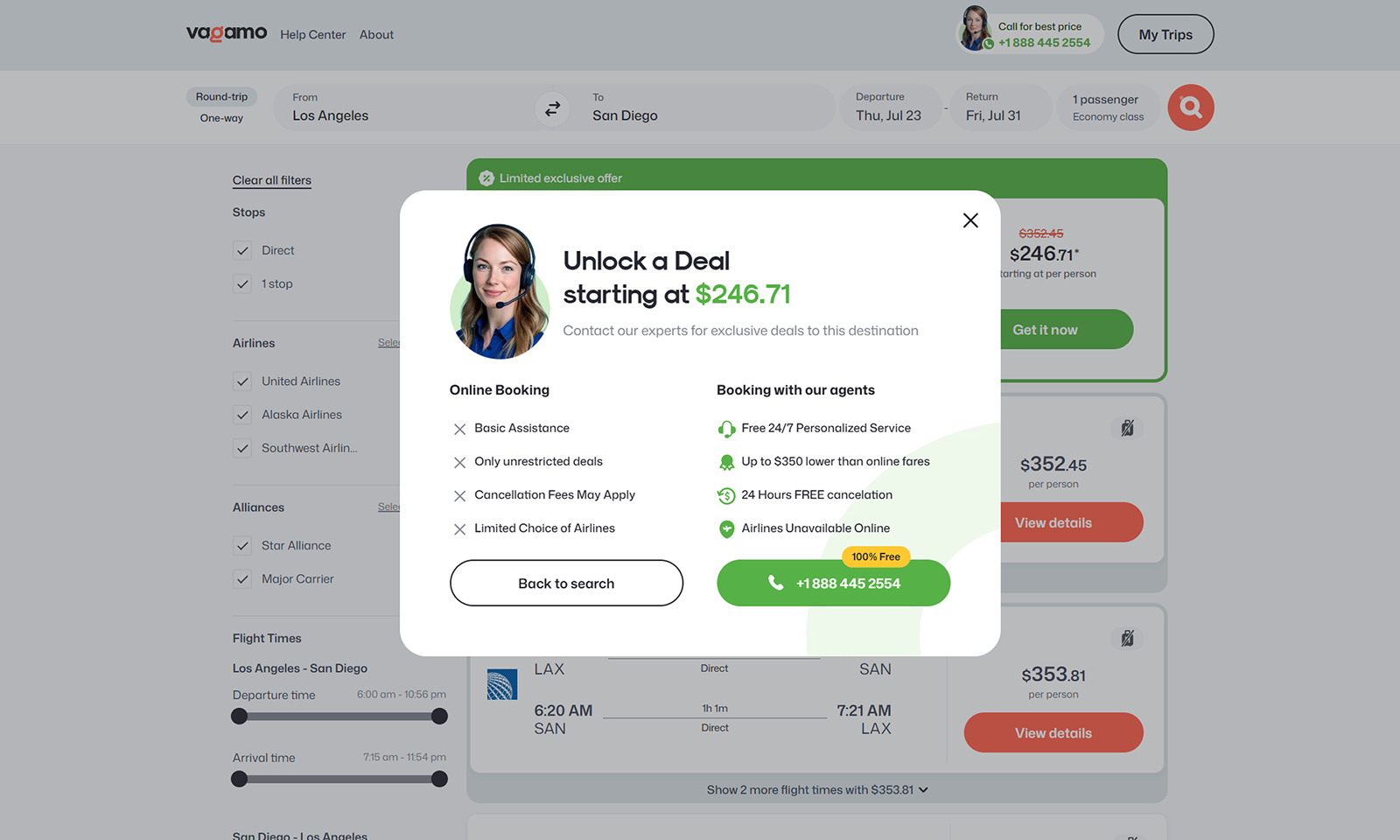 Secret Deal modal comparing Online Booking with an agent
